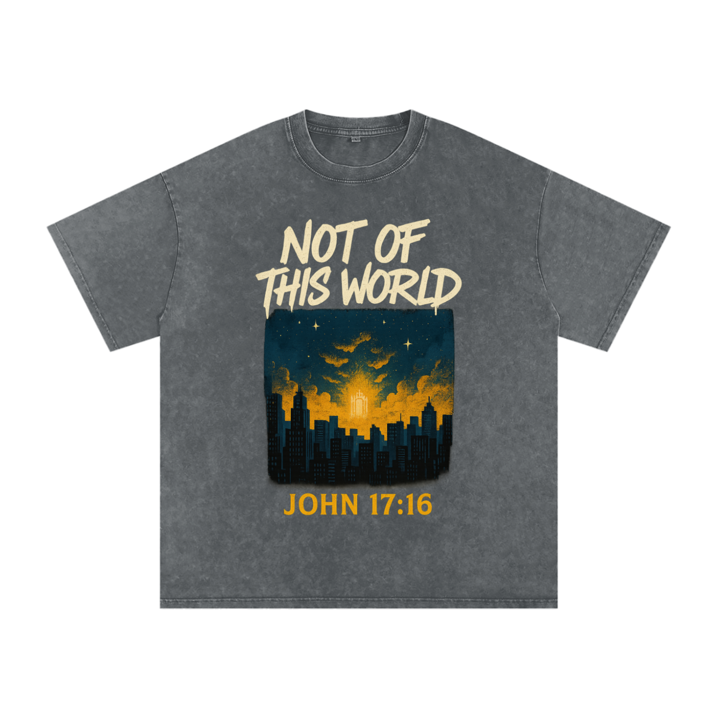 Not of this world shirt,John 17:16 tee,Christian identity shirt,Heavenly minded shirt,Christian skyline graphic,Faith over culture tee,Bible verse streetwear,Urban Christian apparel,Kingdom citizen shirt,Jesus follower shirt
