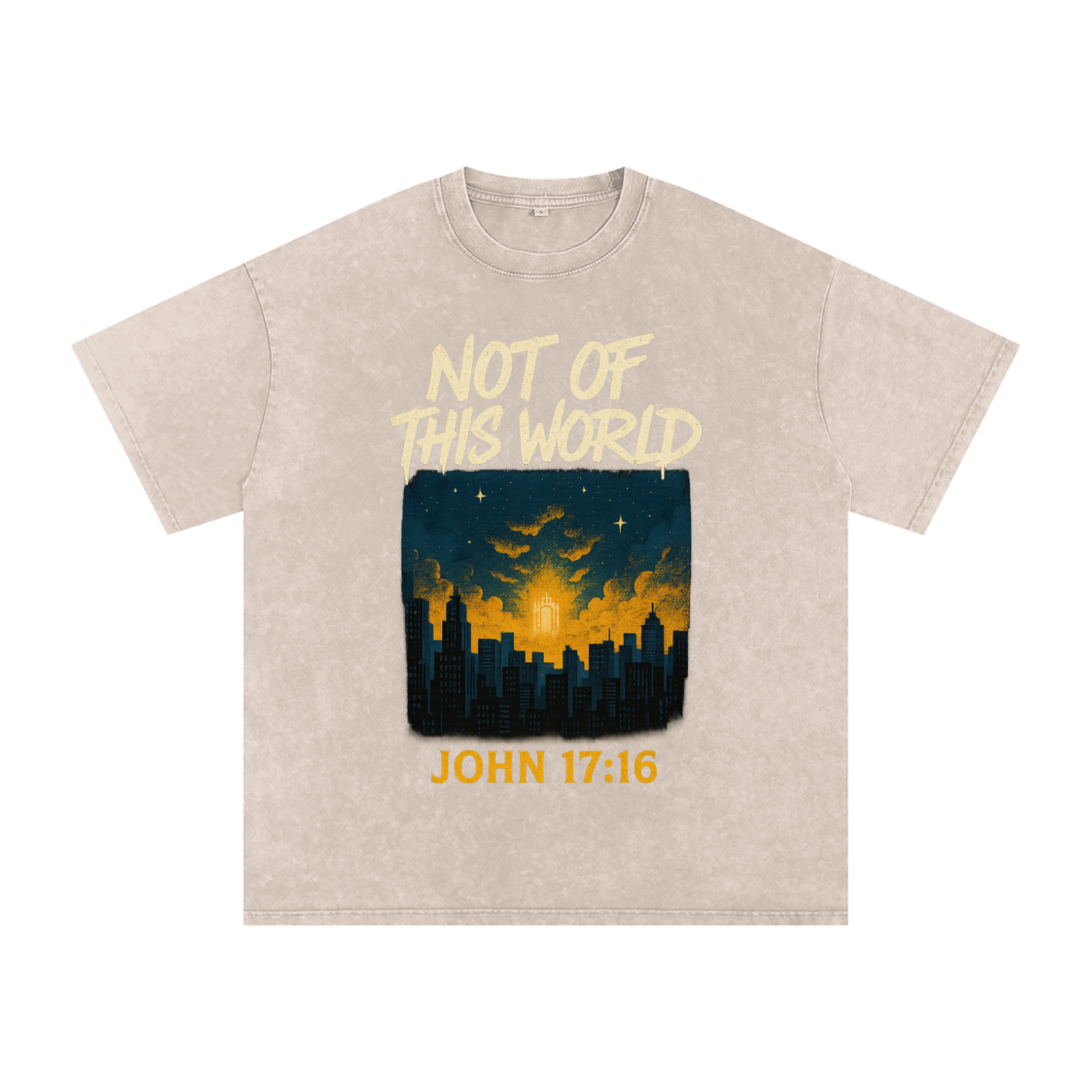 Not of this world shirt,John 17:16 tee,Christian identity shirt,Heavenly minded shirt,Christian skyline graphic,Faith over culture tee,Bible verse streetwear,Urban Christian apparel,Kingdom citizen shirt,Jesus follower shirt