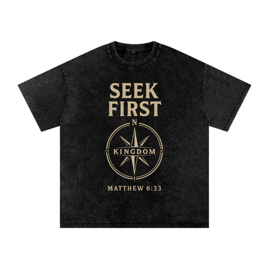 Seek first shirt,Matthew 6:33 t-shirt,Christian compass tee,Kingdom mindset shirt,Faith direction shirt,Christian mission shirt,Bible verse streetwear,God first apparel,Spiritual priorities tee,Christian daily wear