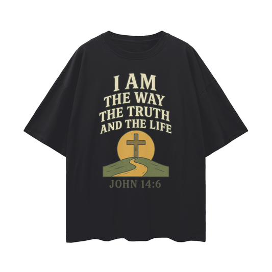 john 14:6 shirt,i am the way truth life,jesus is the way tee,oversize faith shirt,unisex scripture shirt,christian streetwear,christian bible verse shirt,bold gospel shirt,deep drop shoulder tee