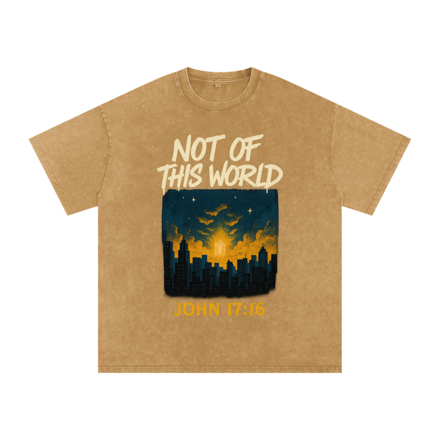 Not of this world shirt,John 17:16 tee,Christian identity shirt,Heavenly minded shirt,Christian skyline graphic,Faith over culture tee,Bible verse streetwear,Urban Christian apparel,Kingdom citizen shirt,Jesus follower shirt