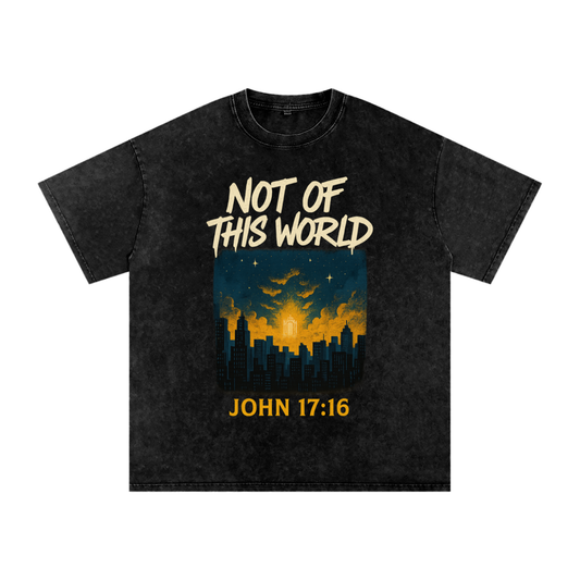 Not of this world shirt,John 17:16 tee,Christian identity shirt,Heavenly minded shirt,Christian skyline graphic,Faith over culture tee,Bible verse streetwear,Urban Christian apparel,Kingdom citizen shirt,Jesus follower shirt