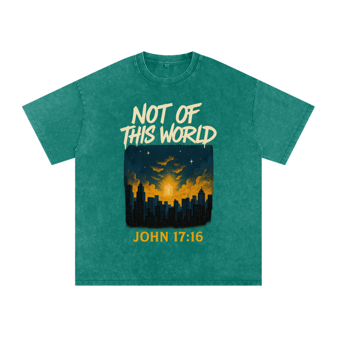 Not of this world shirt,John 17:16 tee,Christian identity shirt,Heavenly minded shirt,Christian skyline graphic,Faith over culture tee,Bible verse streetwear,Urban Christian apparel,Kingdom citizen shirt,Jesus follower shirt