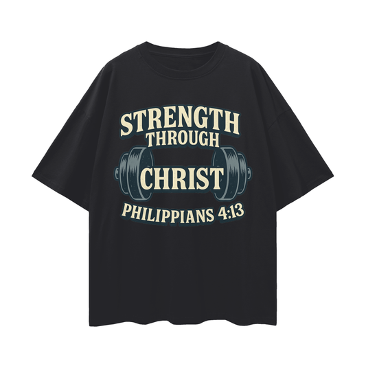 philippians 4:13 shirt,strength through christ tee,christian gym shirt,faith based fitness tee,bible verse workout shirt,christian motivation shirt,oversize scripture shirt,workout with faith tee,jesus and gym shirt,spiritual strength shirt
