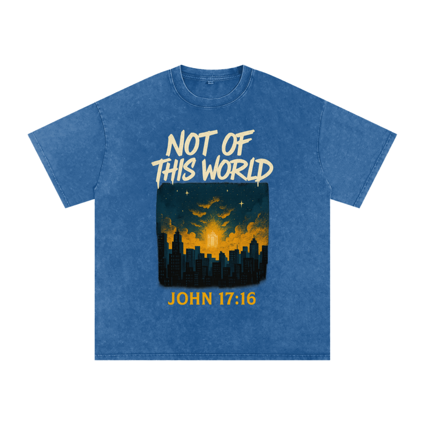 Not of this world shirt,John 17:16 tee,Christian identity shirt,Heavenly minded shirt,Christian skyline graphic,Faith over culture tee,Bible verse streetwear,Urban Christian apparel,Kingdom citizen shirt,Jesus follower shirt