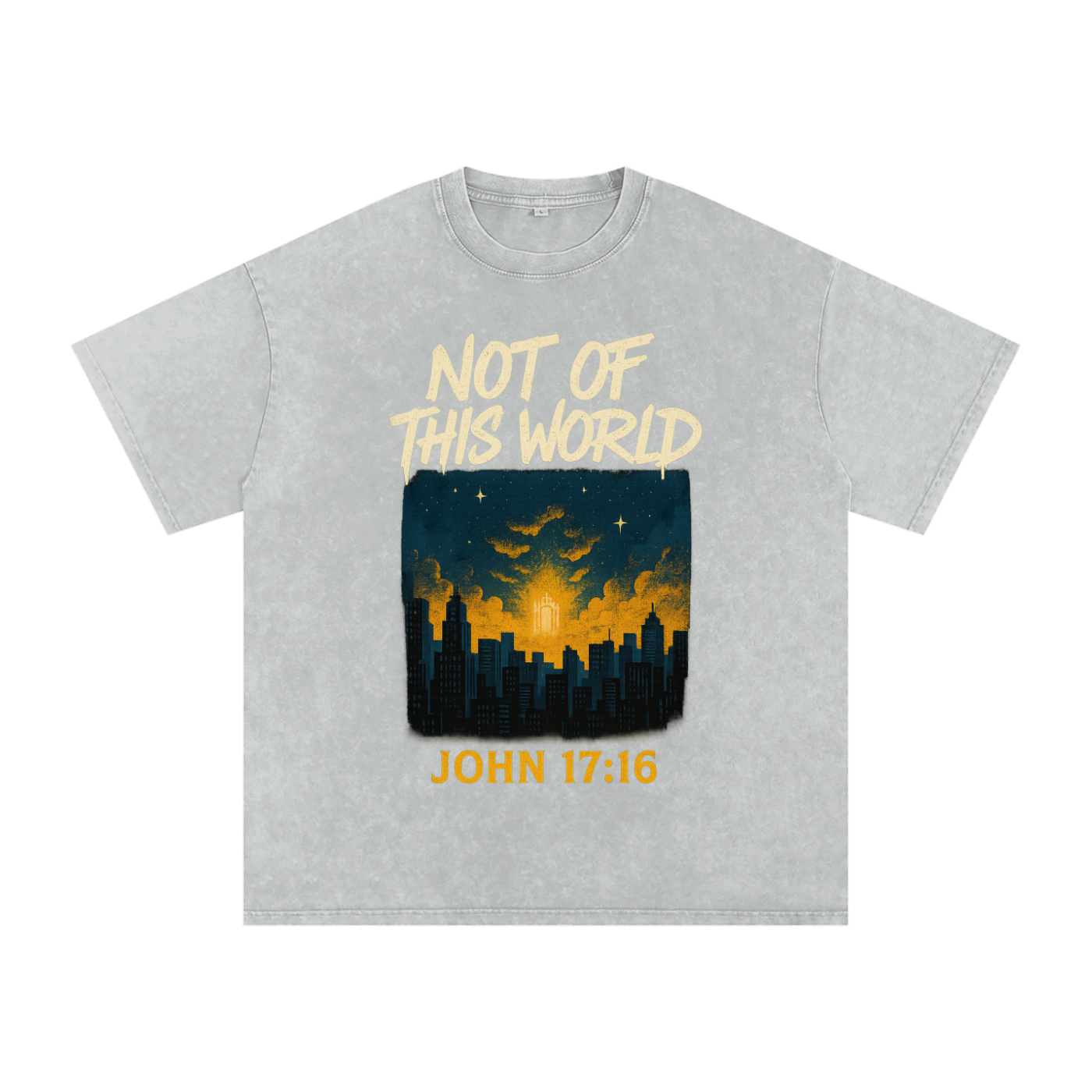 Not of this world shirt,John 17:16 tee,Christian identity shirt,Heavenly minded shirt,Christian skyline graphic,Faith over culture tee,Bible verse streetwear,Urban Christian apparel,Kingdom citizen shirt,Jesus follower shirt